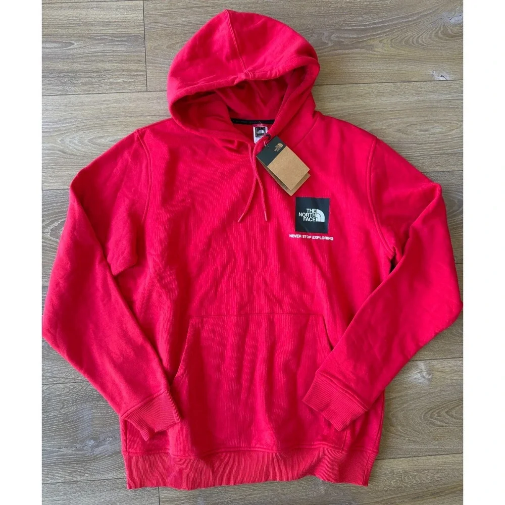 The North Face Box Logo Hoodie Red Men's XL Pullover Sweatshirt NWT